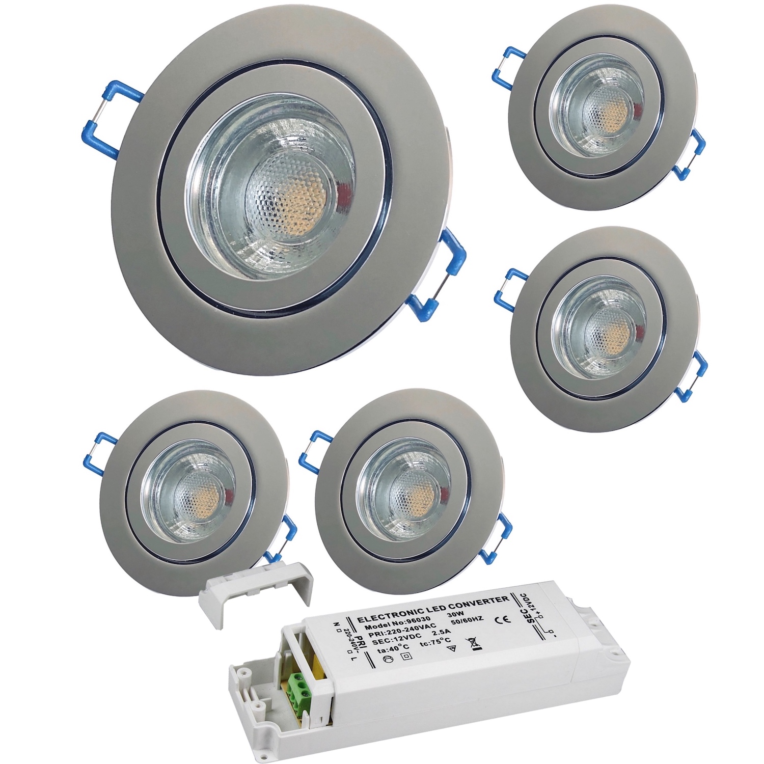 5 x 12V LED Bad Einbaustrahler / IP44 / 5W mit LED Trafo
